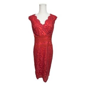 Tadashi Shoji Red Coral Corded Lace V-Neck Sheath Dress 3K896MX Size 10